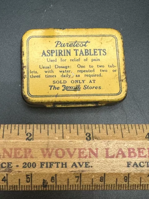 Vintage PURETEST ASPIRIN TABLETS Advertising TIN w/Content & Flyer Rexall Stores 2