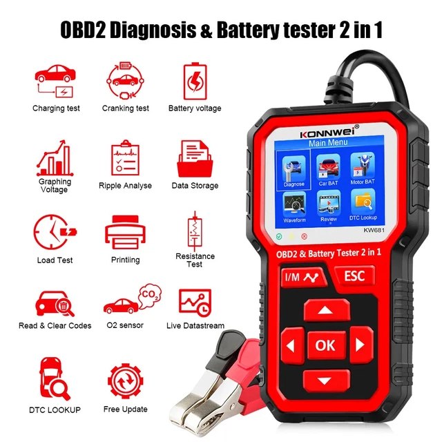 KONNWEI KW681 6V 12 V tester batteria moto OBDII ODB2 scanner diagnostico