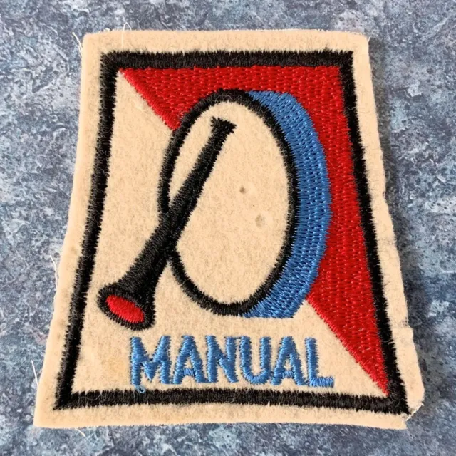 Vintage Unknown "MANUAL" HORN DRUM Embroidered PATCH Red/White/Blue 3"x3" VG Cnd