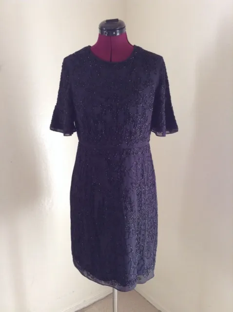 NWT Needle & Thread $329 Linear Motif Beaded Georgette Dress*Midnight*6 US