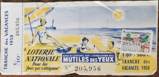 Billet de loterie nationale 1958 tranche des Vacances - MUTILÉS DES YEUX