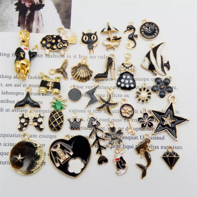 20 Stück Gold Metall Schwarz Emaille Handwerk Schmuck Anhänger Charms Bulk 1-3cm