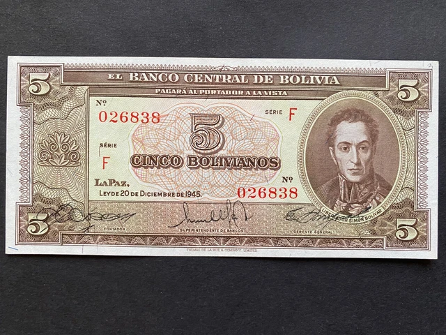 BOLIVIA, 1945, Billete Banco Central de Bolivia, CINCO BOLIVIANOS, Serie F, Unc