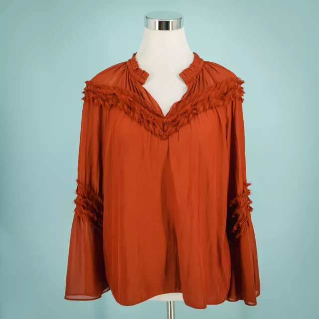 Ramy Brook Size Medium M Rust Orange Red Pleated Ruffle V Neck Long Sleeve Top