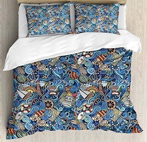 Nautical Duvet Cover Set, Abstract Pattern Sea Shells Sea Horse Corals Fish