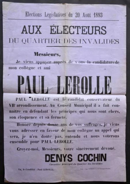 Affiche. Elections Législatives 1893. Paris VII. Invalides. Paul Lerolle