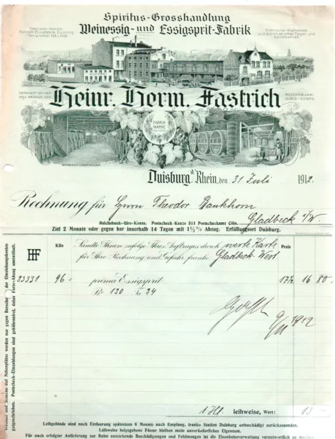 Duisburg, deko.Rechnung,"Weinessig-und Essigsprit-Fabrik, H.H. Fastrich", 1912