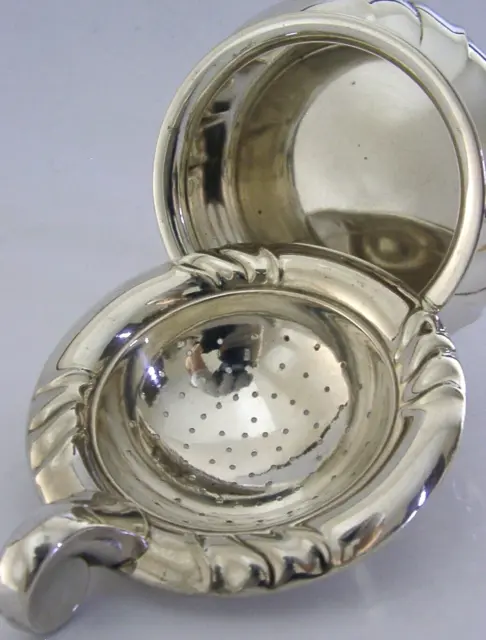 STYLISH GERMAN SOLID 830 SILVER TEA STRAINER AND DRIP BOWL STAND c1950