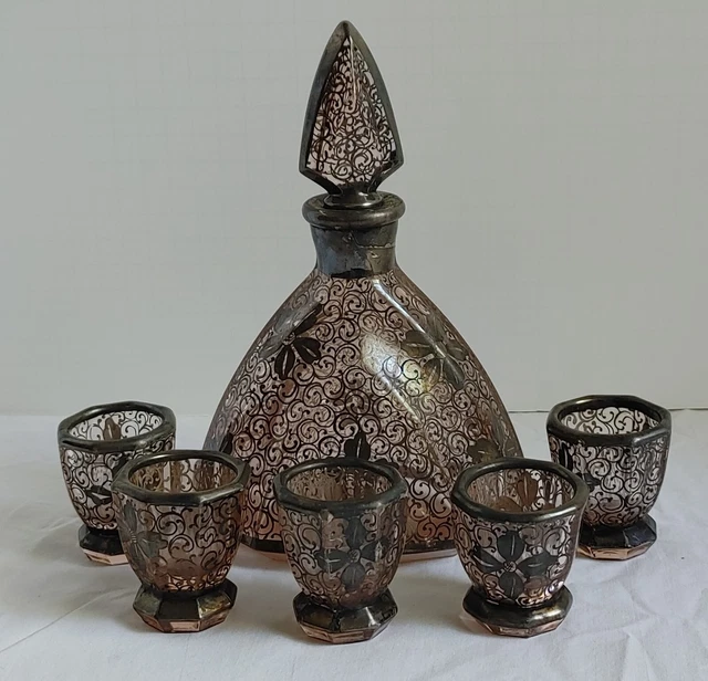 Vintage 50s Bohemian Decanter Cordial Liquor Set Silver Plate Lavender GlassTint
