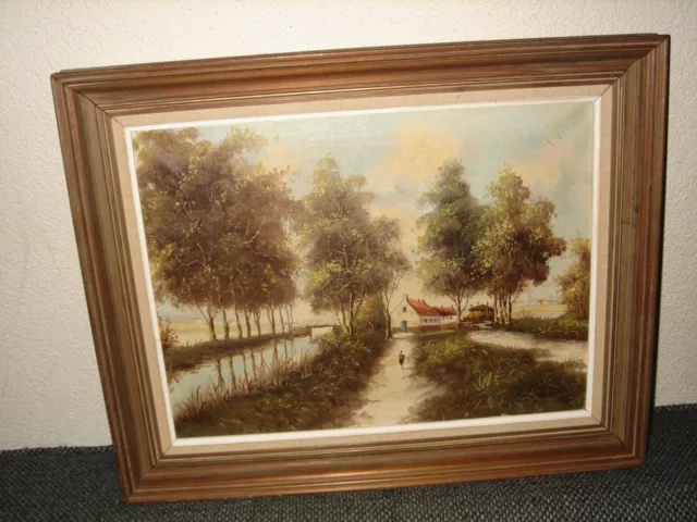 Old oil painting, { Landscape with a farm near the river, is signed } Antique! 3