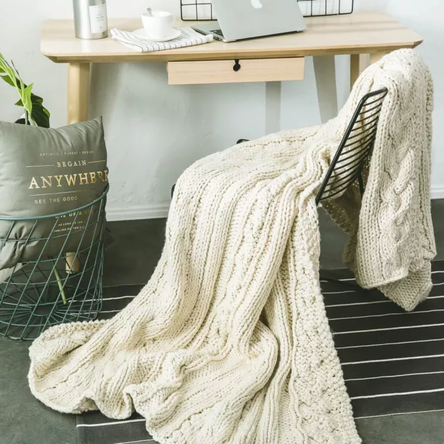 100% Handmade Super Soft Acrylic Knitted Blanket Bedspread Throw Rug Beige