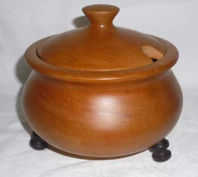 HAND MADE TASMANIAN HUON PINE SUGAR BOWL with LID - 14cm dia. - vg cond.