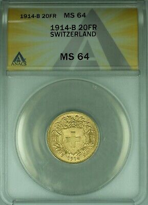 1914-B Switzerland 20 Francs Gold Coin ANACS MS-64