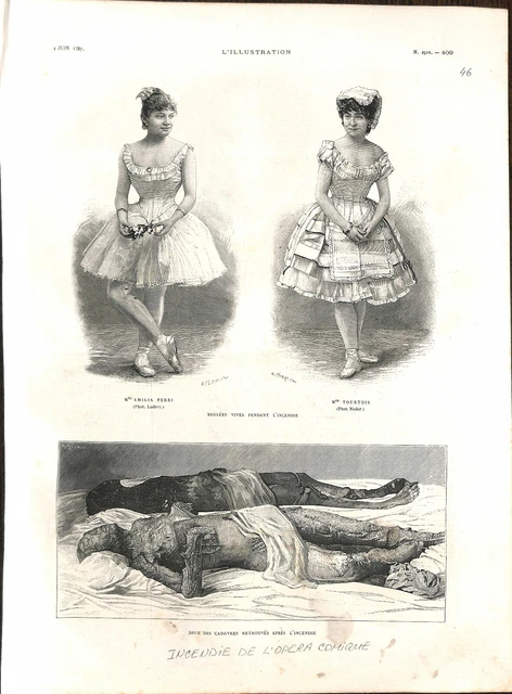 Paris incendie de l'Opéra-Comique,corps brulées vives des danseuses GRAVURE 1887