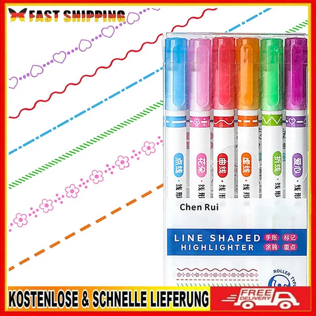 Linear Highlighters with 6 Different Curve Shapes Colored Writing Markers Pen