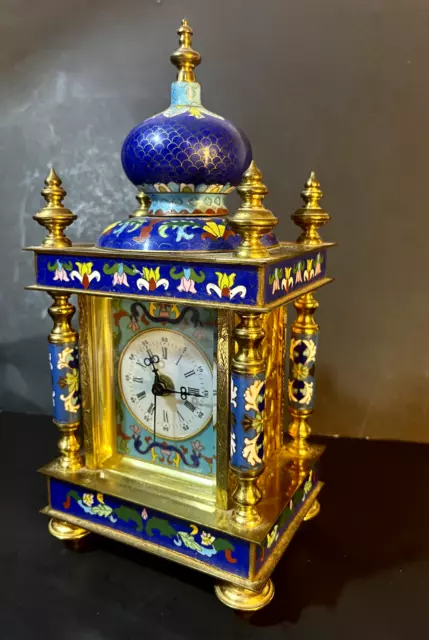 Vintage Chinese Cloisonne Enamel Carriage/Mantle Clock; Brass Case