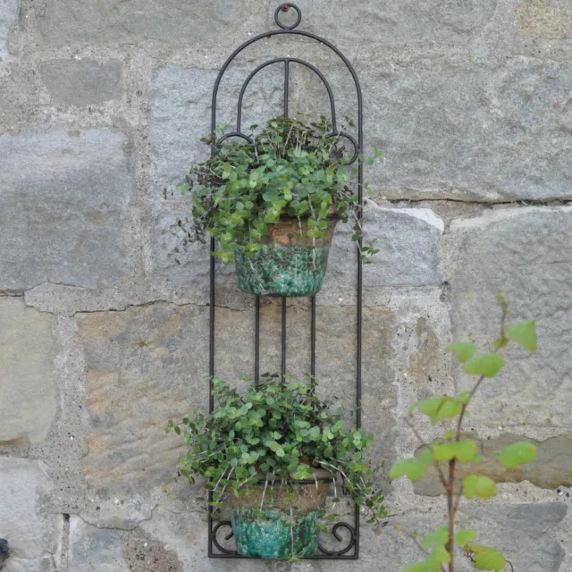 Wall Mounted Double Plant Pot Holder | Brown Distressed Metal Planter Outdoors