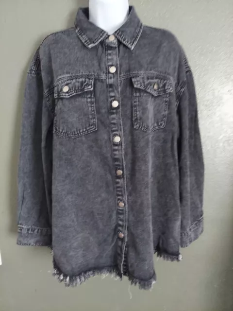 Women's Stylish Spread Collar Distressed Frayed Denim Shirt Top LARGE