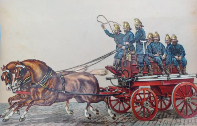 2v2: 2x Feuerwehr Chromolithographie Pferde-Spritzenwagen u. Ausziehleiter ~1860