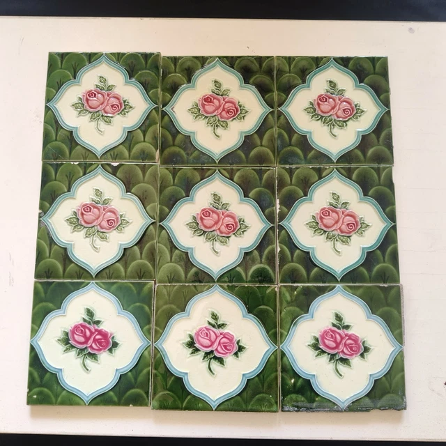 1940s Vintage Embossed Floral Design Majolica Art 9 Pcs Architecture Tile Japan