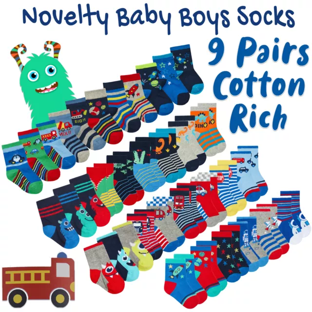 9 Pairs Infant Toddler Baby Boys Socks Cotton Rich Low Cut Animal Dino Designs