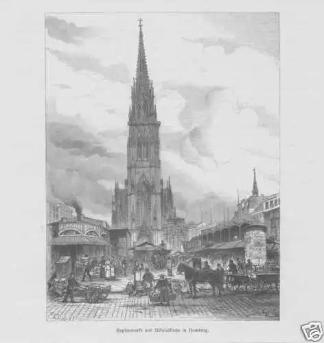 Hamburg Nikolaikirche Hopfenmarkt HOLZSTICH von 1880