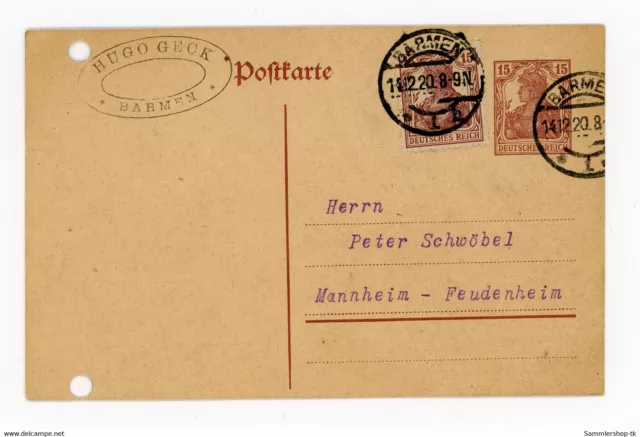 Deutsches Reich Postkarte Ganzsache + ZuF - Barmen 1920 nach Mannheim Feudenheim