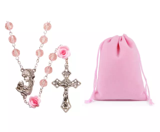 Madonna Mother and Child Centerpiece Pink Rose Shaped Bead Rosary Catholic Women