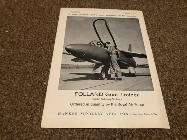 Framed Advert 11X8 Hawker Siddeley Aviation - Folland Gnat Trainer R.a.f.