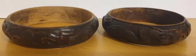 Pair of Antique Qing Dynasty Chinese Wooden Carved Lacquered Dragon Bangles
