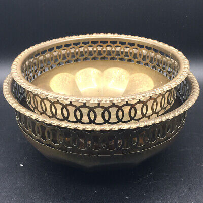 Vintage Art Nouveau Brass Bowl Set Reticulated Cut Out Edge