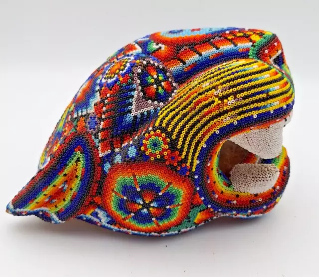 8.5" Huichol Beaded Jaguar Head Mexican Folk Art Signed Juantino Carrillo Mexico 2