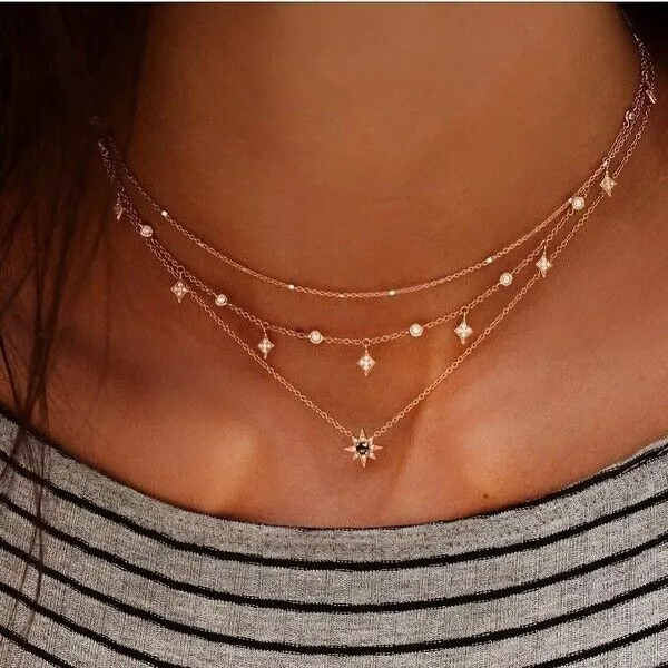 Women Multi-layer Long Chain Pendant Crystal Choker Necklace Boho Jewelry Gifts