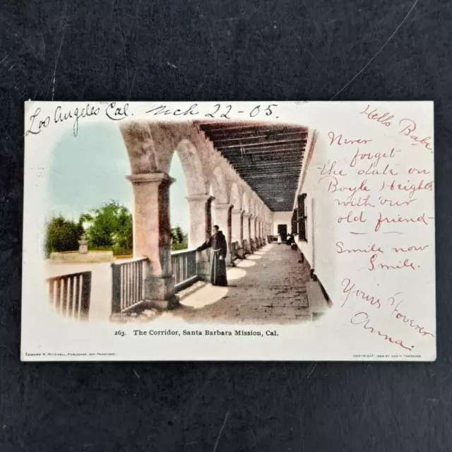 Antique 1905 Udb Post Card The Corridor Mission Santa Barbara, Ca - Posted