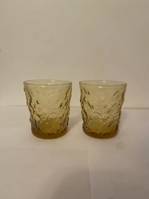 Set of Vtg Anchor Hocking Amber Lido Milano Juice Glasses Crinkle Honey Gold