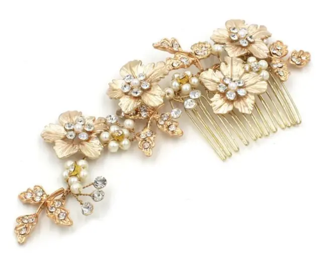 Crystal Bridal Hair Comb Gold Blossom Rhinestone Pearls Wedding Gown Headpieces