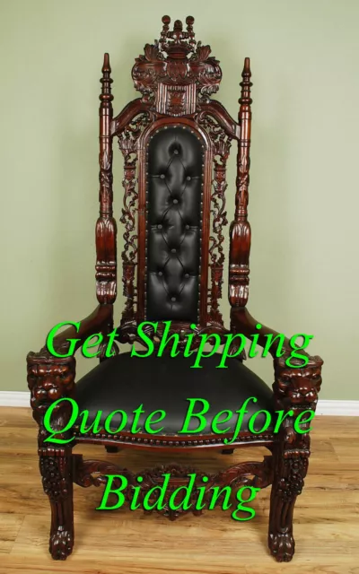 6' Carved Mahogany King Lion Gothic Throne Chair Brown w Black Leatherette