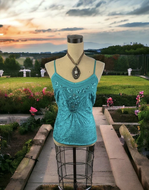 TEAL BLUE VELVET Sequin Beaded Tank Top Fairy 90s Y2K Festival Boho