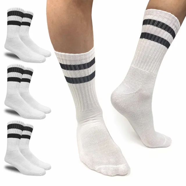 3 Paires Hommes Rayure Tube Chaussettes Crew Mollet Rétro Sport Blanc Taille 17