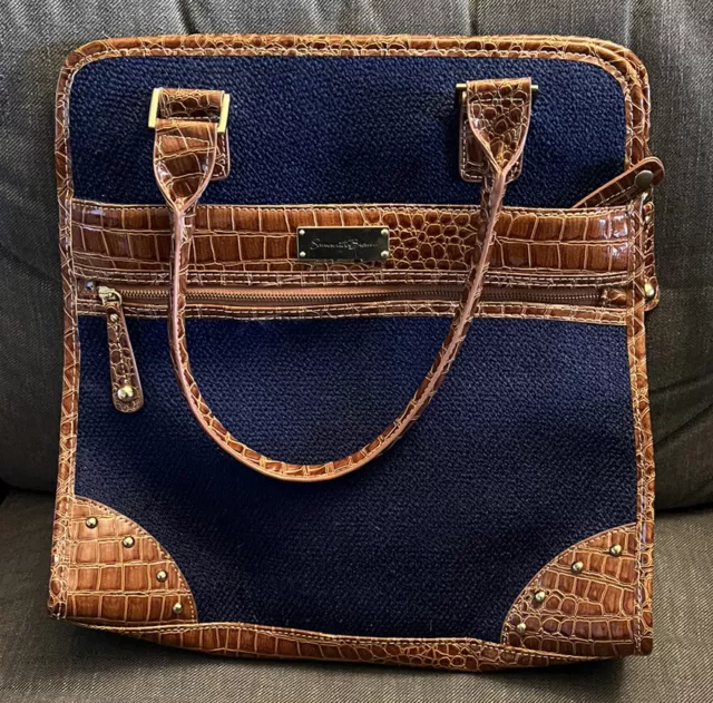 Samantha Brown Large Computer / Travel Bag Croco Embossed Brown & Blue Felt