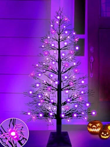 [Timer] 4FT Lighted Black Halloween Tree Decorations with 70 LED Purple Lights