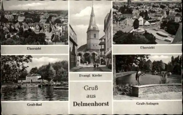 Delmenhorst AK ~1950/60 Oldenburger Land Mehrbildkarte Graft-Anlagen Bad Kirche
