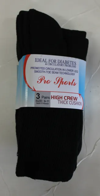 Nwt Men's*3 Pairs*Pro Sports High Crew Diabetes Socks Black Size:9-11