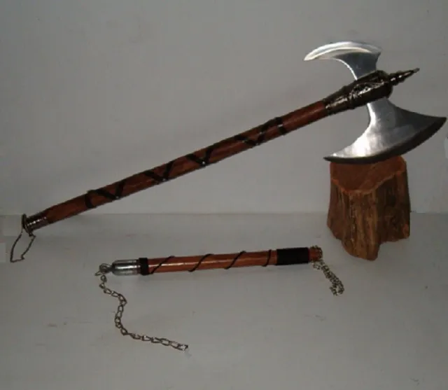 2 Pc.  Medieval Axe Set, 32" Tribal Axe And Flail / Mace No Ball