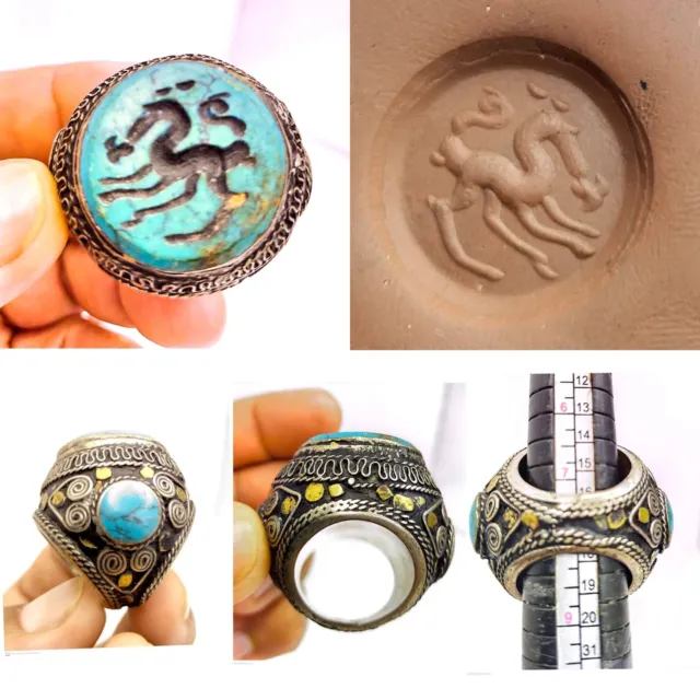 Afghan  old turquoise intaglio horse stone brass silver  Ring