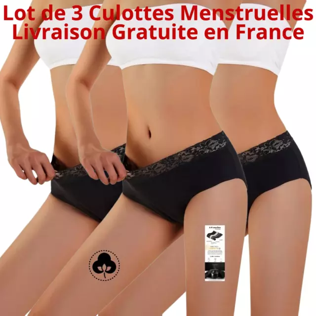 Lot de 3 Culottes Menstruelles Coton Ultra Absorbante Flux abondant Slip Règles