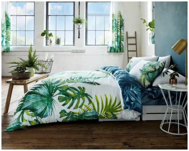 Cubierta de edredón doble verde azulado hoja tropical y 2 fundas de almohada totalmente nuevas - Limpieza