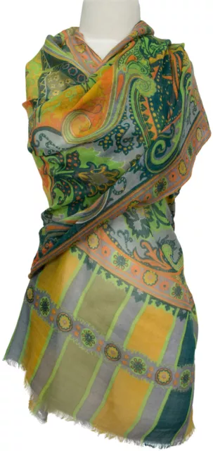 Schal Orange, Grün Wolle Seide wool silk wool silk printed scarf green, mustard