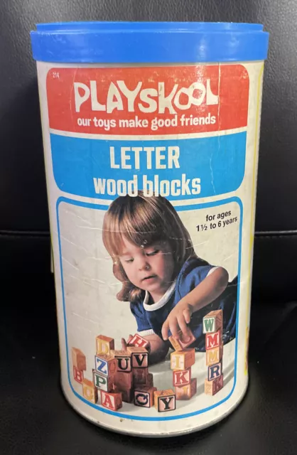 vtg 70s PLAYSKOOL WOOD BLOCK LETTERS in ORIGINAL CANISTER 1974 (Missing 1 Block)