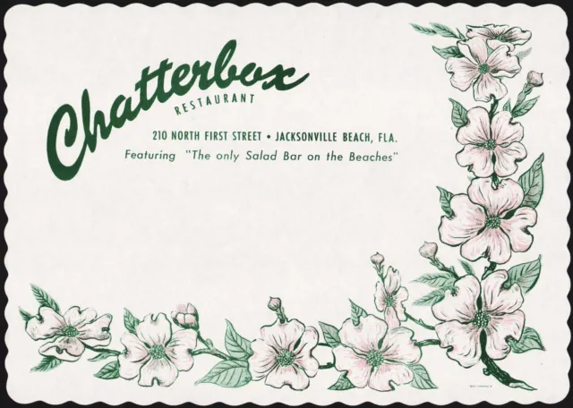 Vintage placemat CHATTERBOX RESTAURANT dogwood blooms Jacksonville Beach Florida